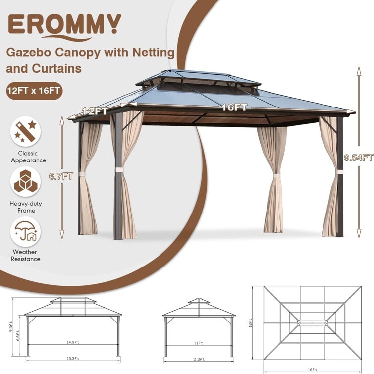 Tonnelle à toit rigide pour jardin – Pergola permanente avec filet, rideaux et double toit, abri extérieur toutes saisons