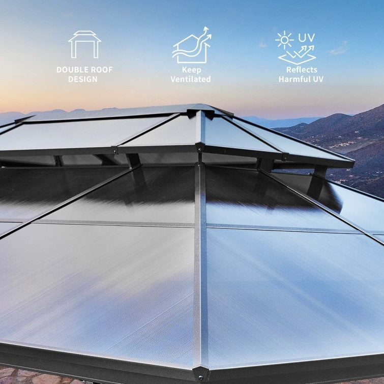 Tonnelle à toit rigide pour jardin – Pergola permanente avec filet, rideaux et double toit, abri extérieur toutes saisons