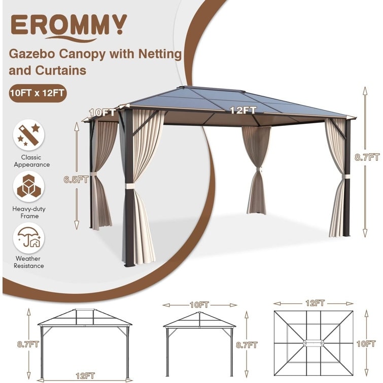 Tonnelle à toit rigide pour jardin – Pergola permanente avec filet, rideaux et double toit, abri extérieur toutes saisons
