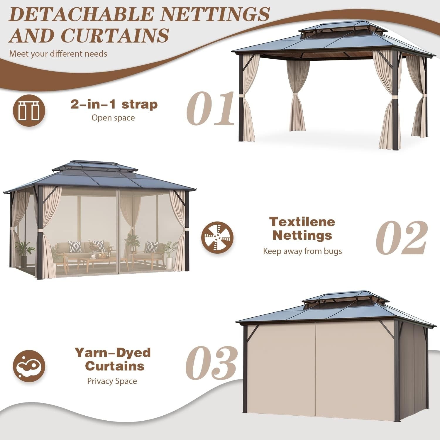Tonnelle à toit rigide pour jardin – Pergola permanente avec filet, rideaux et double toit, abri extérieur toutes saisons