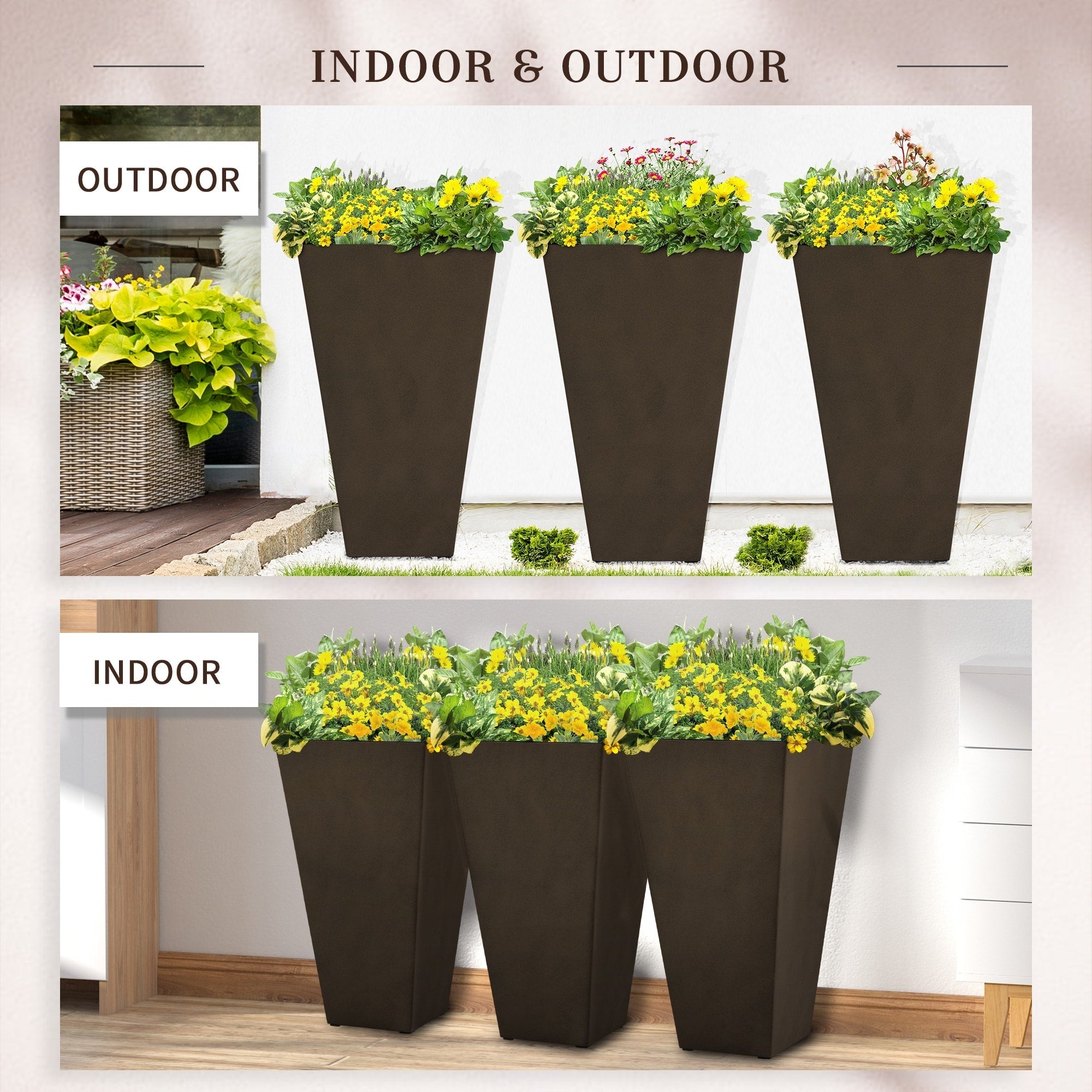 Lot de 3 grands pots de fleurs en plastique Outsunny 28 cm, pour l'intérieur et l'extérieur, pour l'entrée, la terrasse et la cour.