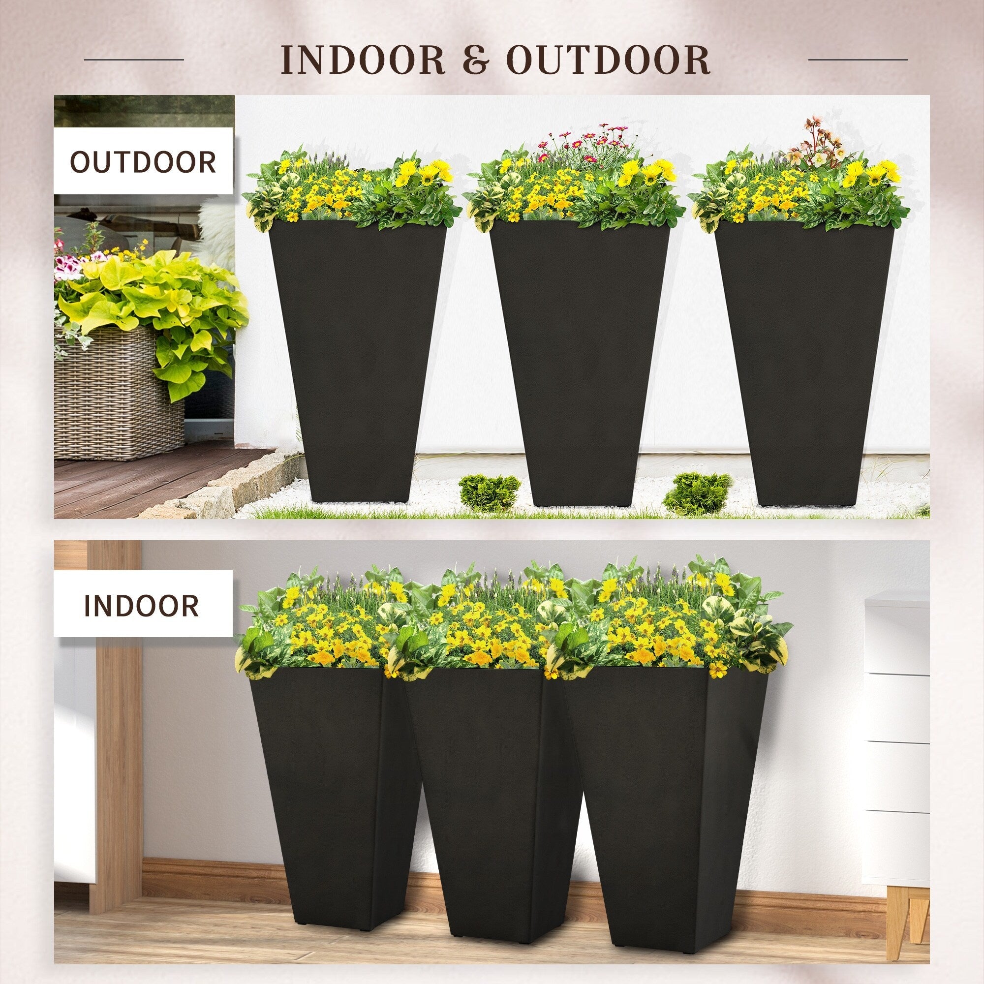Lot de 3 grands pots de fleurs en plastique Outsunny 28 cm, pour l'intérieur et l'extérieur, pour l'entrée, la terrasse et la cour.