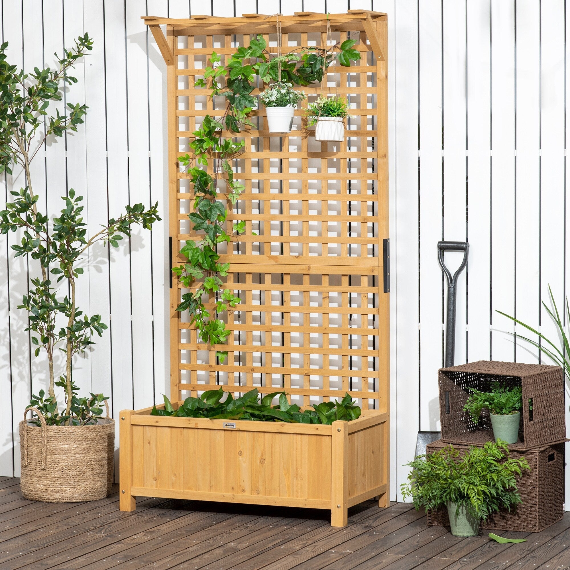Jardinière en bois Outsunny avec treillis, plate-bande surélevée pour plantes grimpantes avec trous de drainage et toit