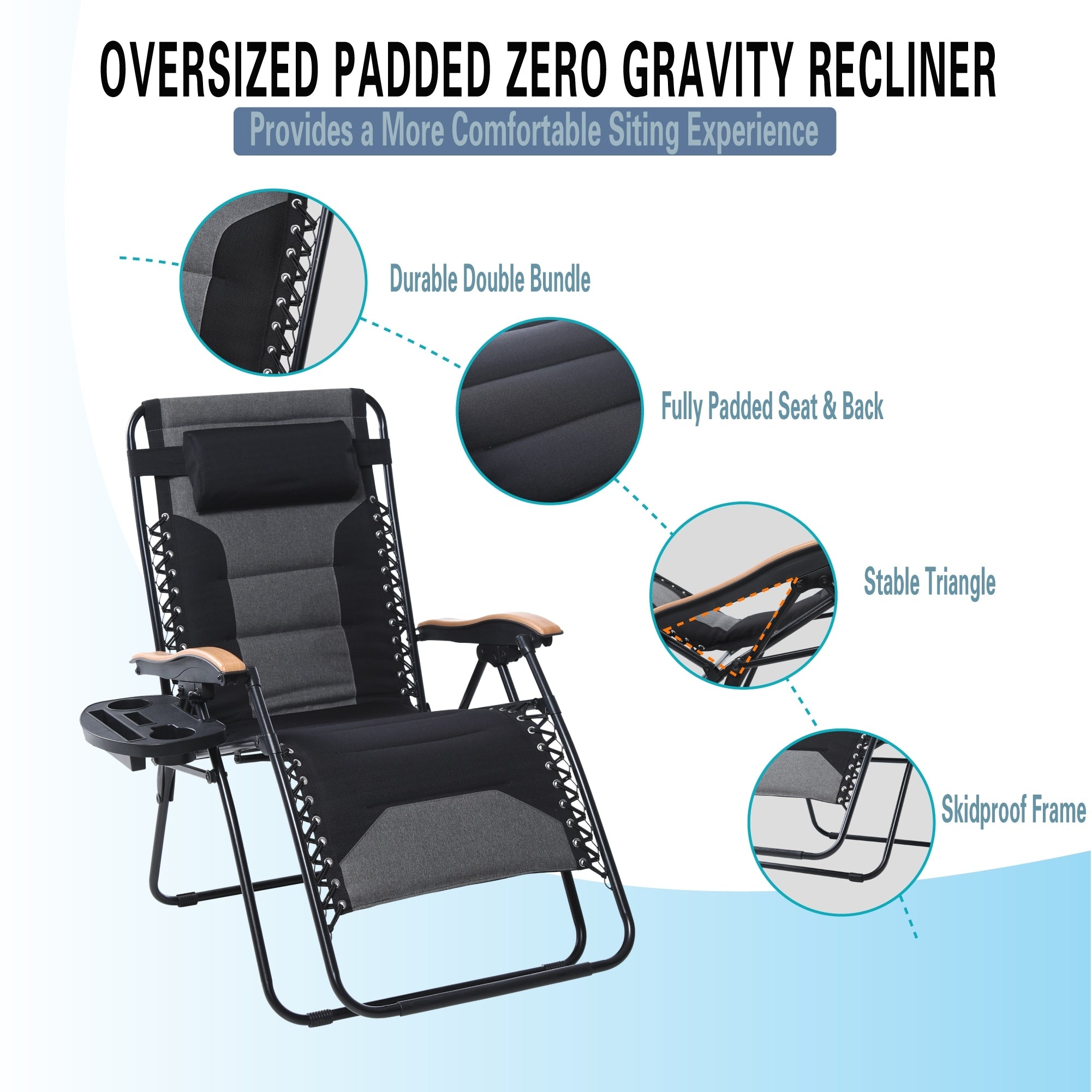 Fauteuil de salon surdimensionné XL rembourré à gravité zéro, accoudoirs larges, inclinable et réglable avec porte-gobelet - N/A