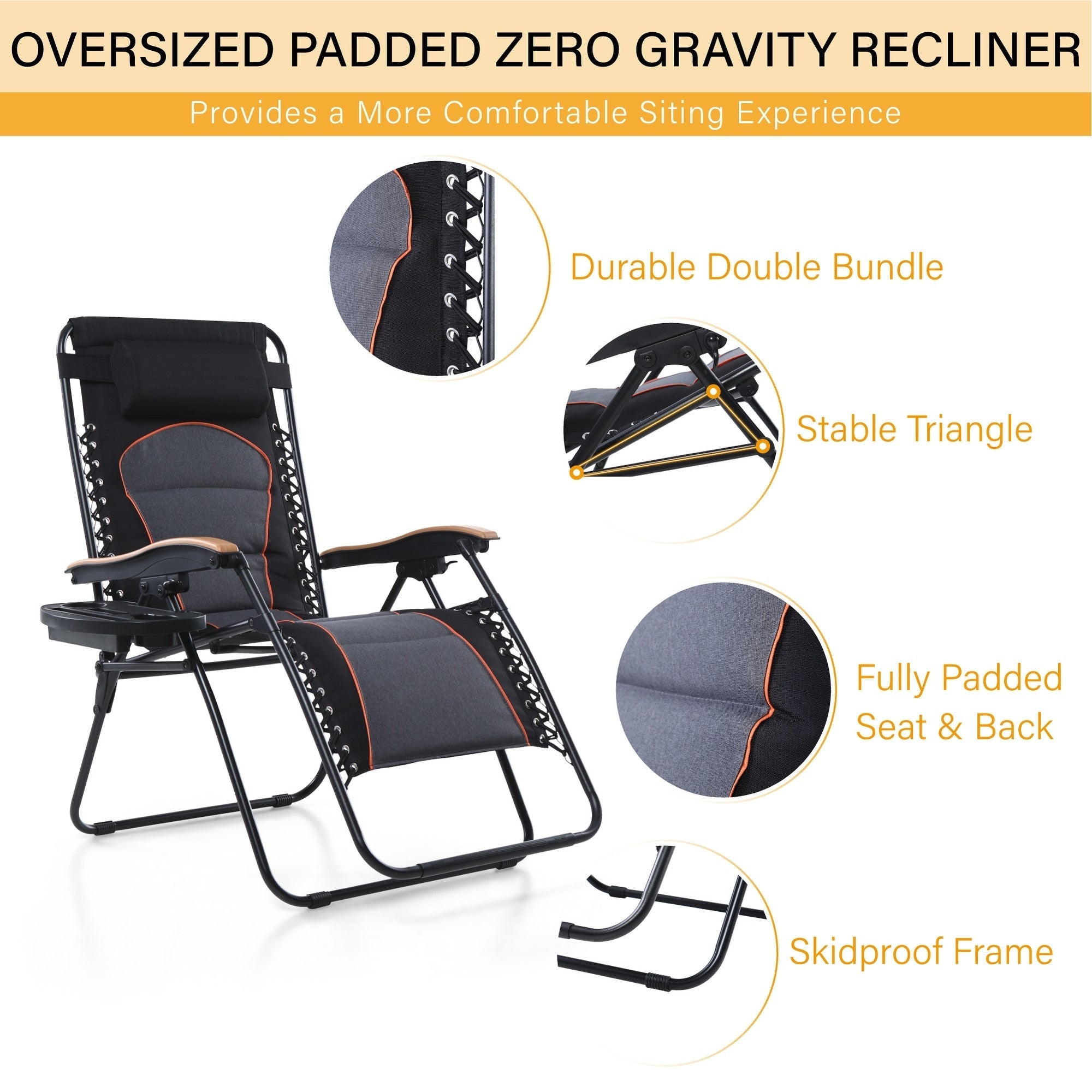 Fauteuil de salon surdimensionné XL rembourré à gravité zéro, accoudoirs larges, inclinable et réglable avec porte-gobelet - N/A