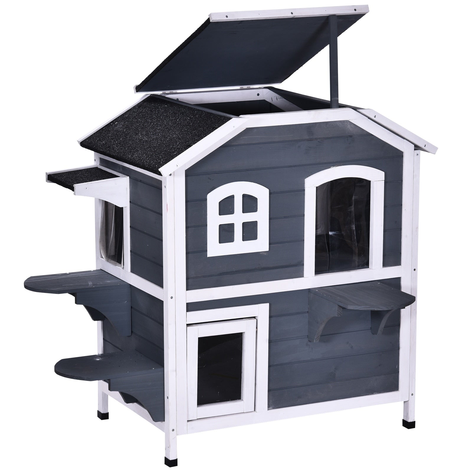 Maison pour chat d'extérieur PawHut en bois de sapin à deux étages, abri pour chats sauvages en bois avec toit en asphalte ouvrable pour intérieur/extérieur, blanc/gris