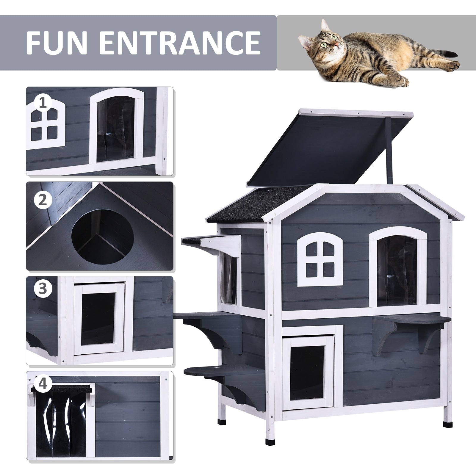 Maison pour chat d'extérieur PawHut en bois de sapin à deux étages, abri pour chats sauvages en bois avec toit en asphalte ouvrable pour intérieur/extérieur, blanc/gris