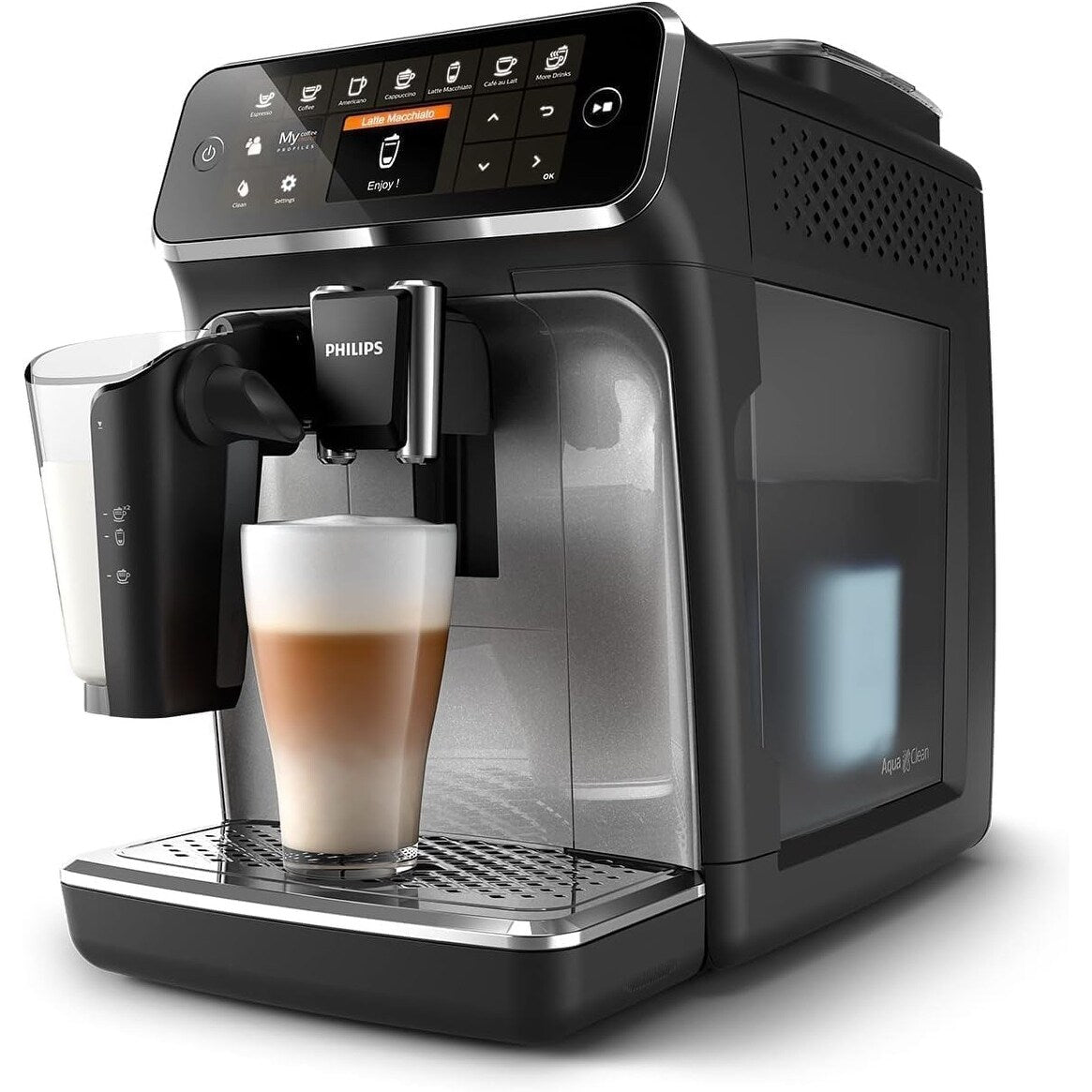 Machine à expresso haut de gamme, 12 cafés chauds/glacés, système LatteGo, moulin en céramique, chrome noir