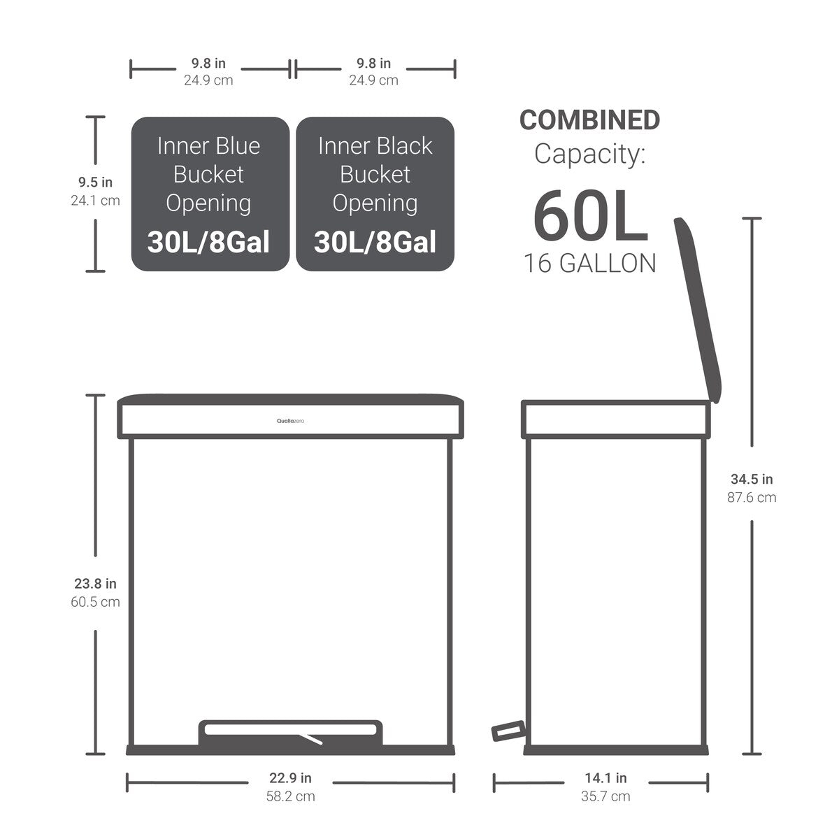 Poubelle de recyclage rectangulaire Qualiazero 16 gal (unité double 8 gal) - Acier inoxydable