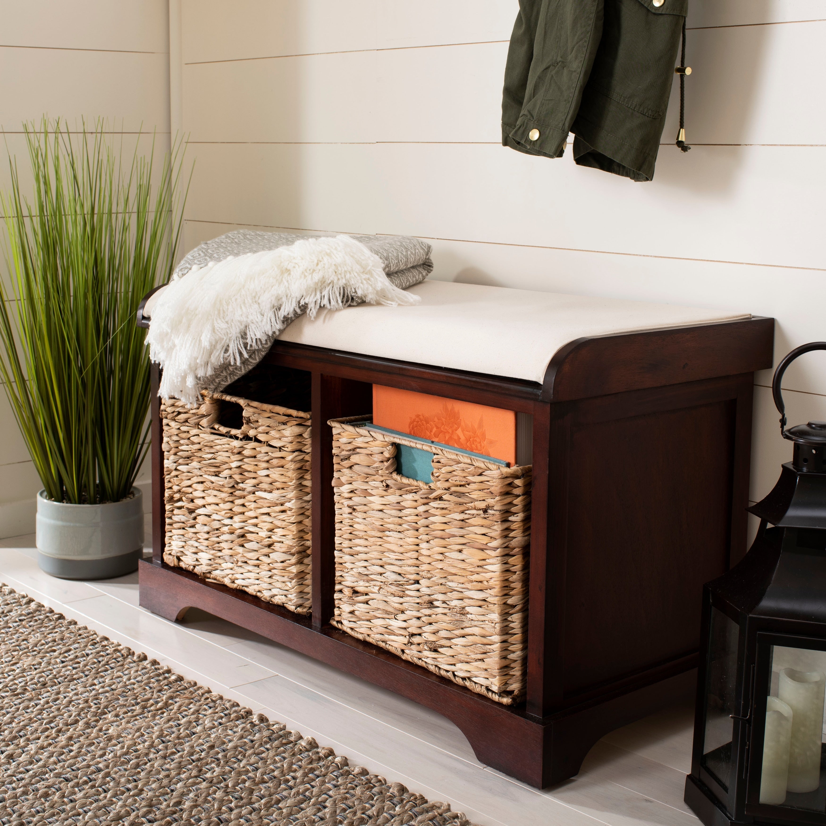 Banc de rangement tressé marron Euphemia de SAFAVIEH - 33,5 x 16,1 x 19,9 - 34 L x 16 P x 20 H
