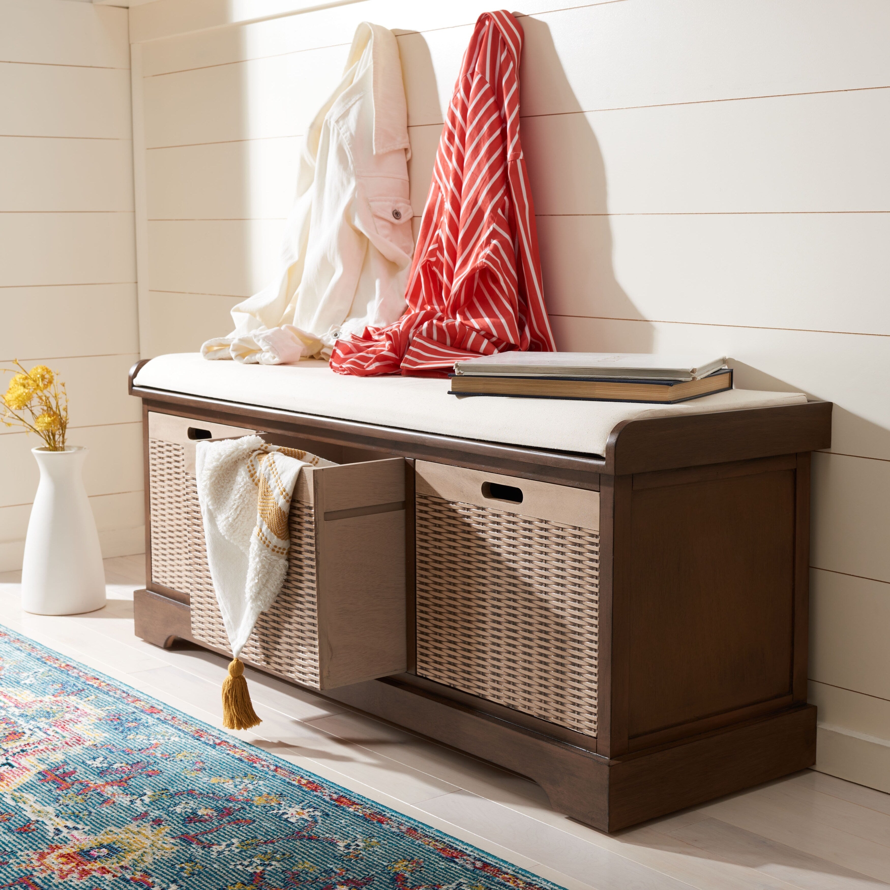 Banc de rangement à 3 tiroirs avec coussins SAFAVIEH Fiorello - 47,3 L x 15 L x 19 H - 47 L x 15 P x 19 H