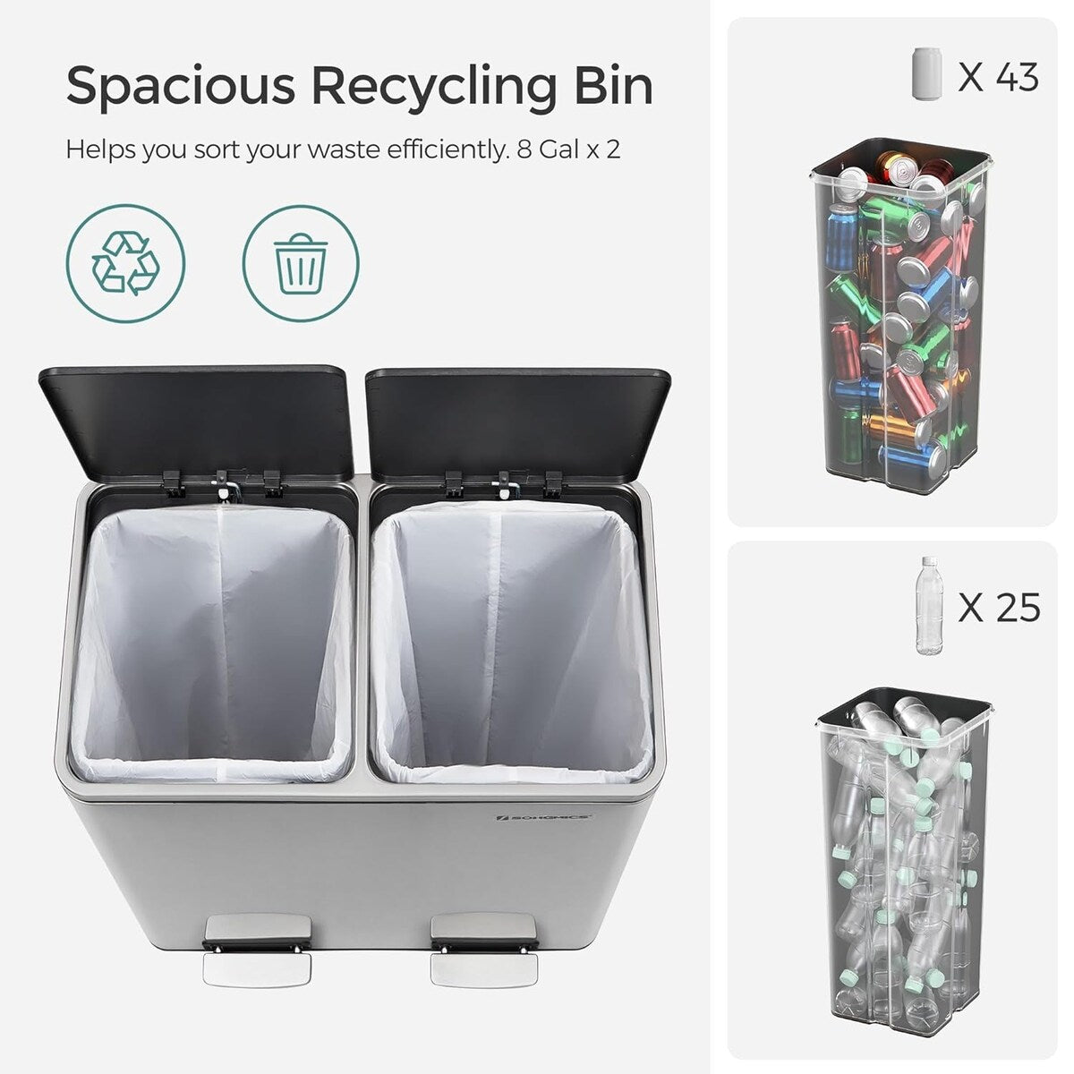 Poubelle double, 2 poubelles de 8 gallons