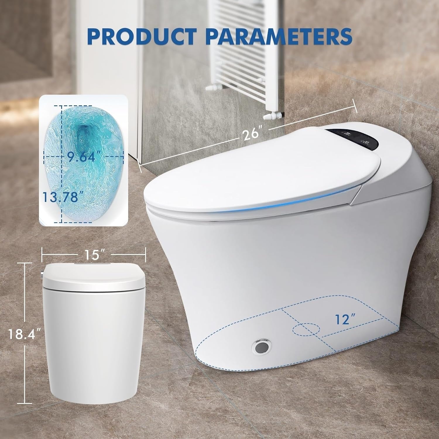 Toilettes intelligentes, toilettes bidet monobloc pour salles de bains, toilettes allongées modernes avec eau chaude, double chasse d'eau automatique, fonctionnement par capteur de pied