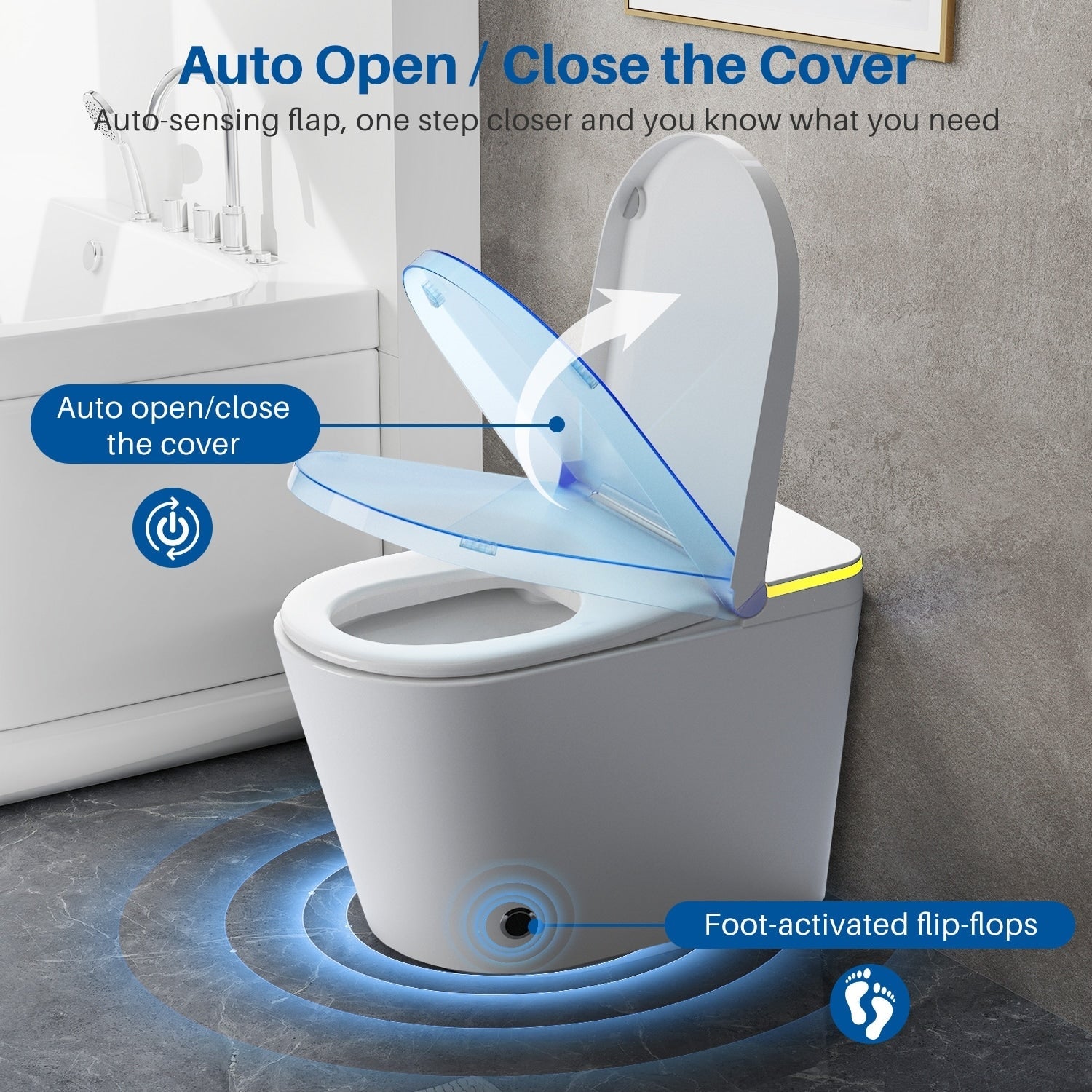 Toilettes intelligentes, toilettes bidet monobloc pour salles de bains, toilettes allongées modernes avec eau chaude, double chasse d'eau automatique, fonctionnement par capteur de pied