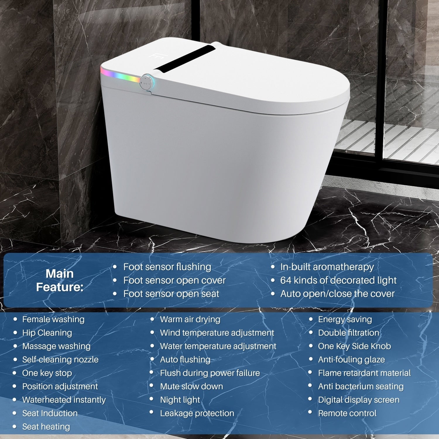 Toilettes intelligentes, toilettes bidet monobloc pour salles de bains, toilettes allongées modernes avec eau chaude, double chasse d'eau automatique, fonctionnement par capteur de pied