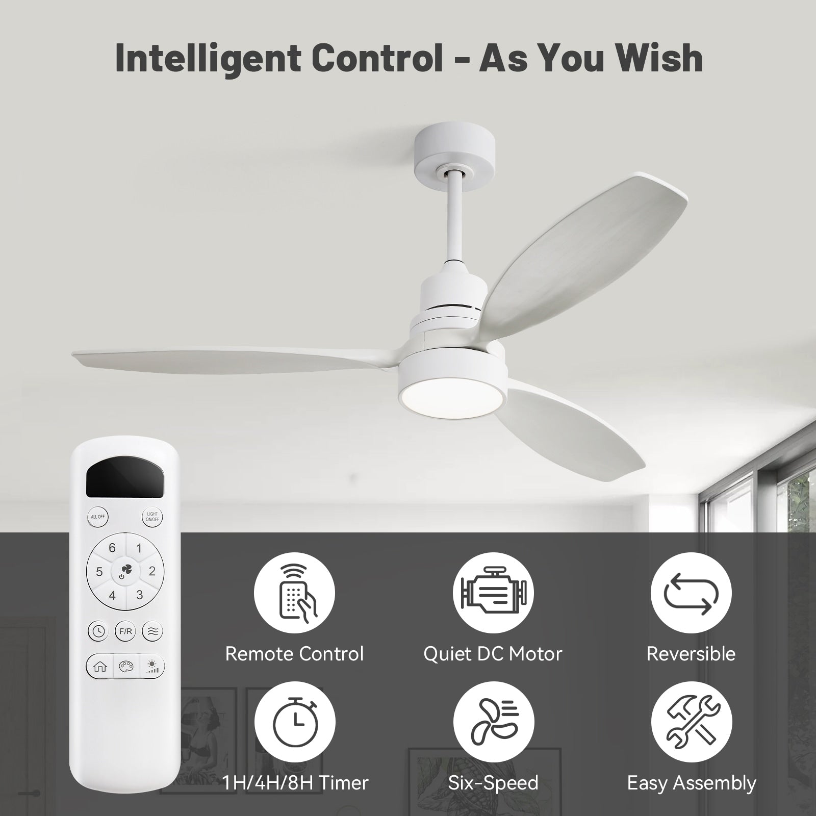 Ventilateur de plafond d'intérieur en bois Sofucor 52 avec télécommande et éclairage intégré en option