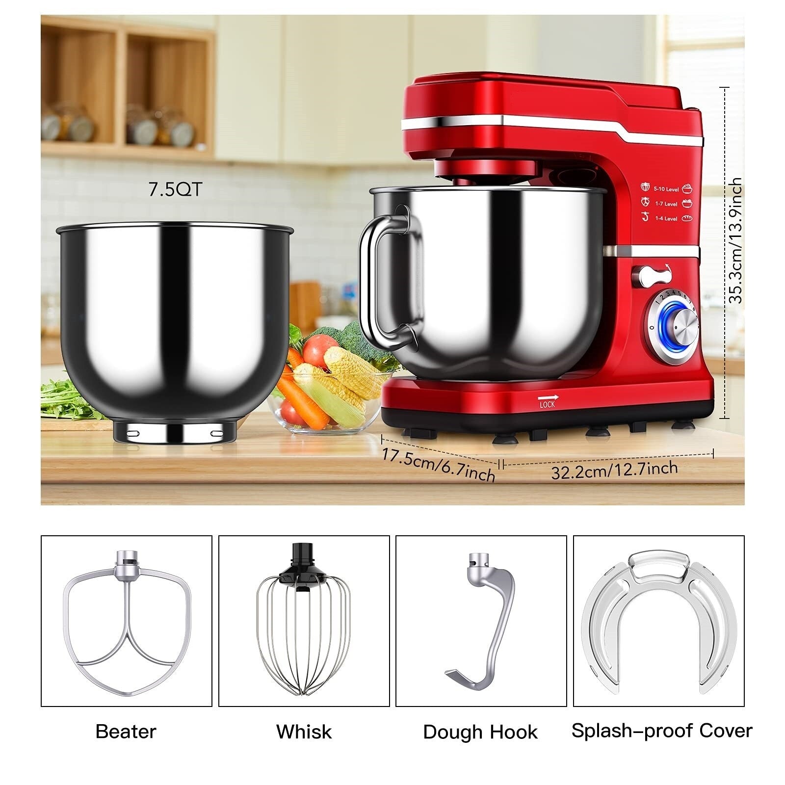 Stand Mixer - 7.5QT Capacity, 10-Speed Settings, 660W Motor