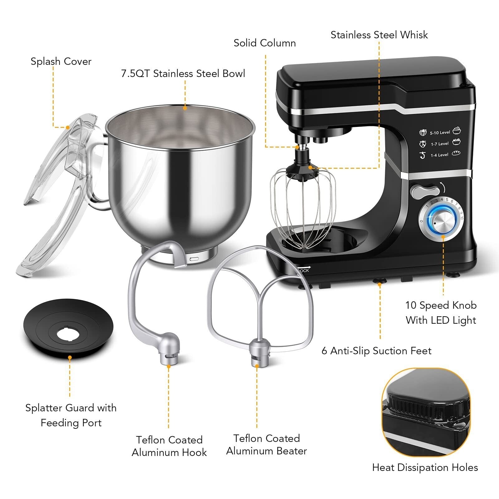 Stand Mixer - 7.5QT Capacity, 10-Speed Settings, 660W Motor