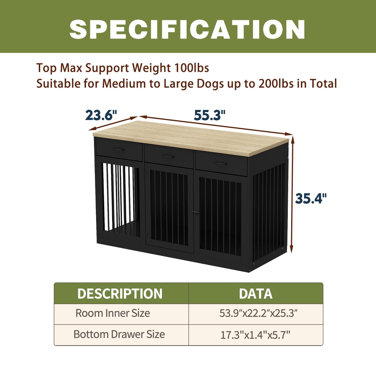 Élégant meuble en bois pour cage à chien avec rangement, 3 tiroirs