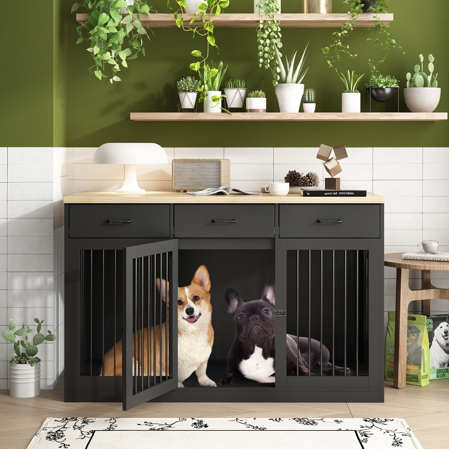 Élégant meuble en bois pour cage à chien avec rangement, 3 tiroirs