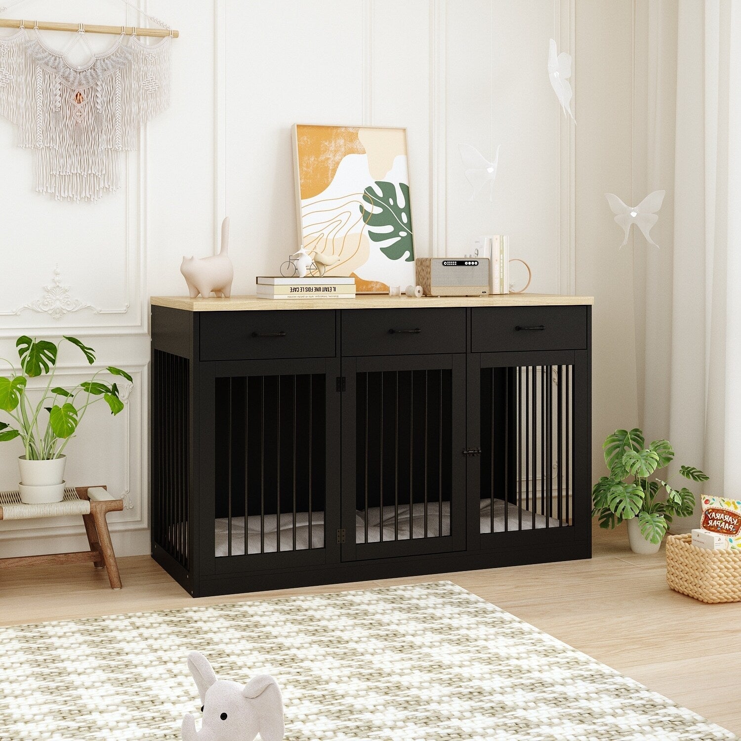 Élégant meuble en bois pour cage à chien avec rangement, 3 tiroirs
