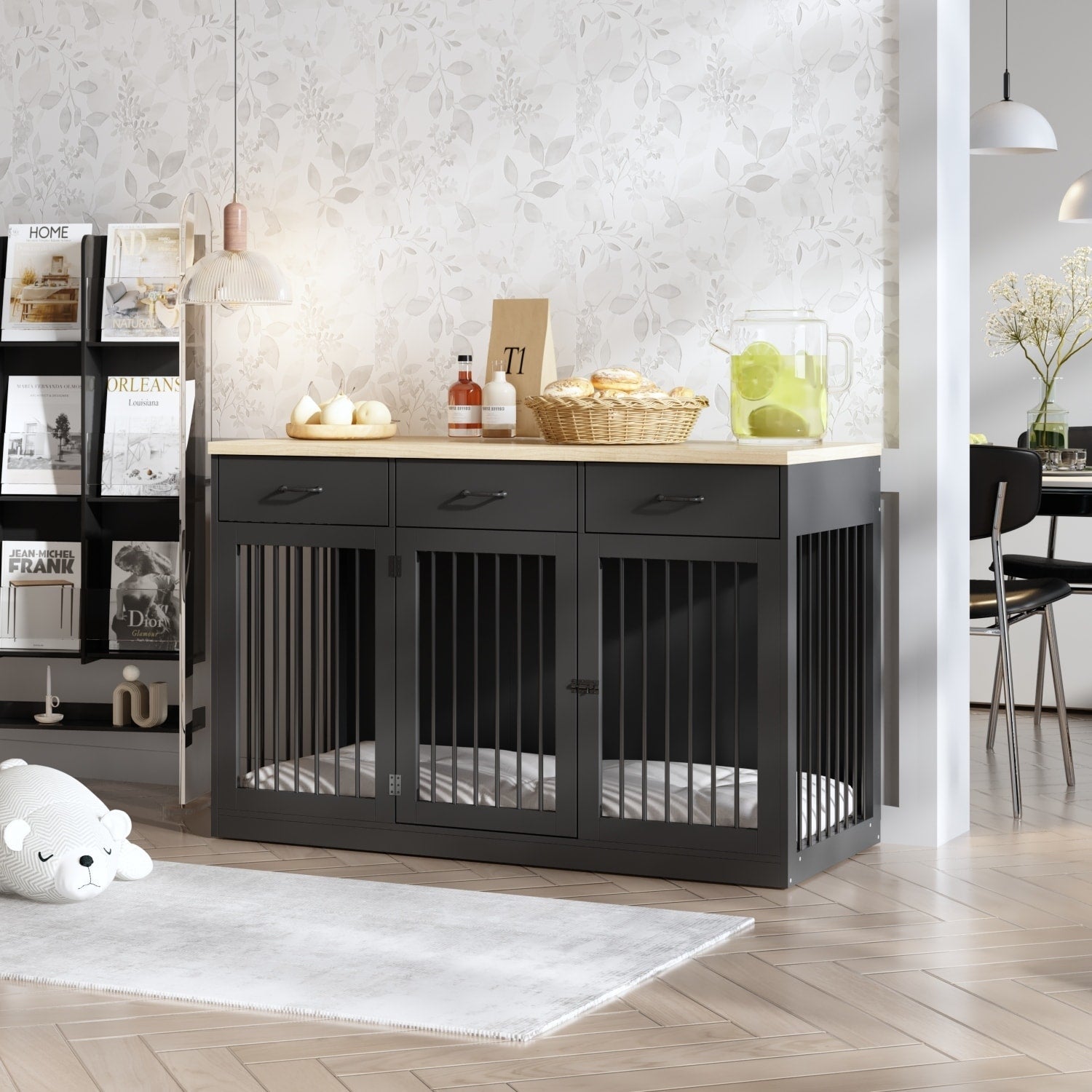 Élégant meuble en bois pour cage à chien avec rangement, 3 tiroirs