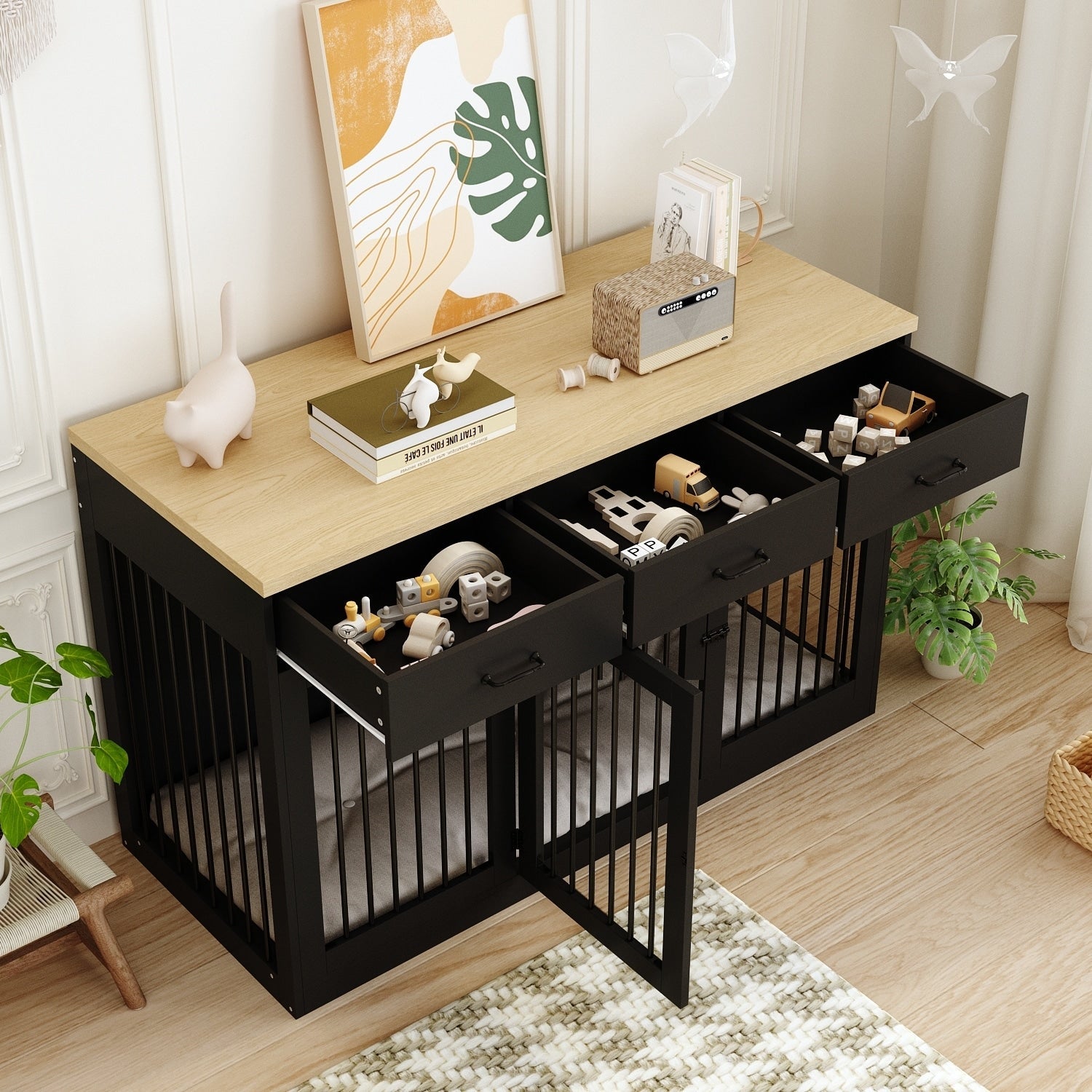 Élégant meuble en bois pour cage à chien avec rangement, 3 tiroirs
