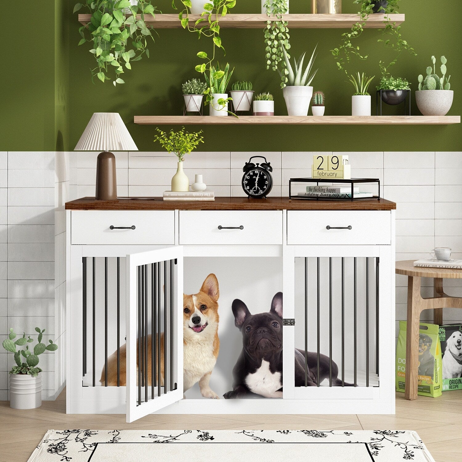 Élégant meuble en bois pour cage à chien avec rangement, 3 tiroirs