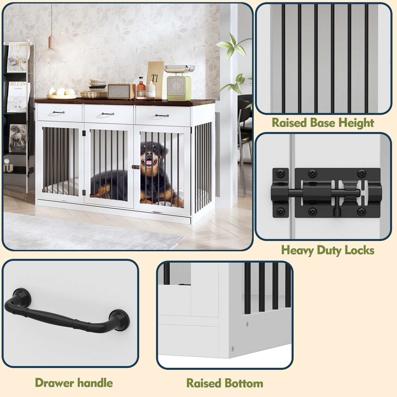 Élégant meuble en bois pour cage à chien avec rangement, 3 tiroirs