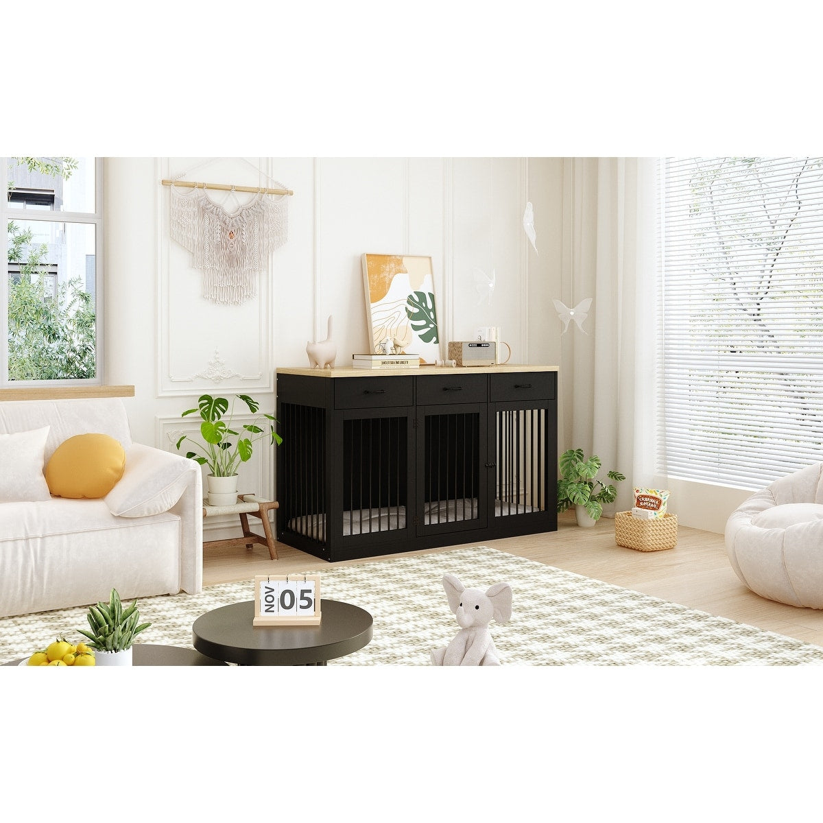 Élégant meuble en bois pour cage à chien avec rangement, 3 tiroirs