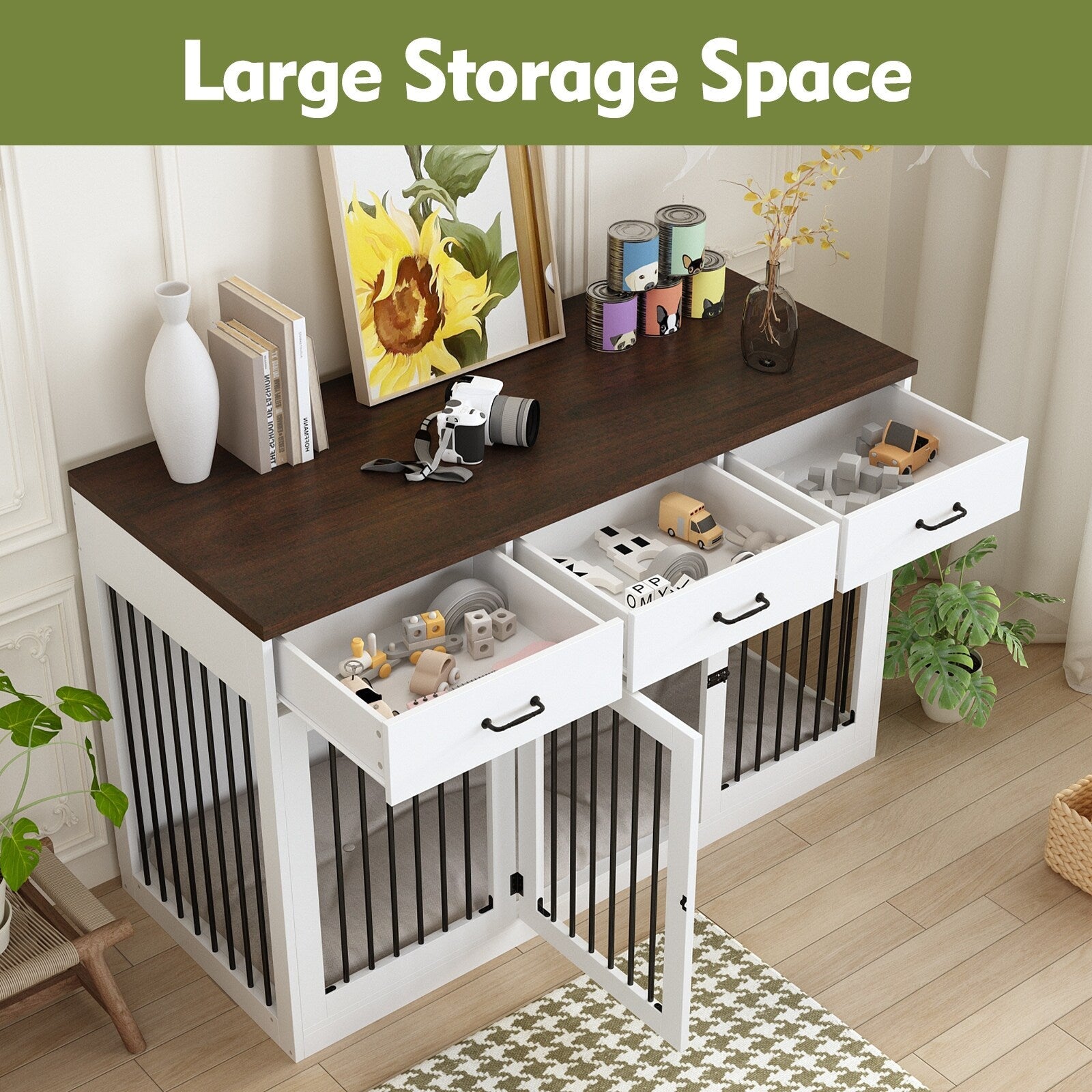 Élégant meuble en bois pour cage à chien avec rangement, 3 tiroirs