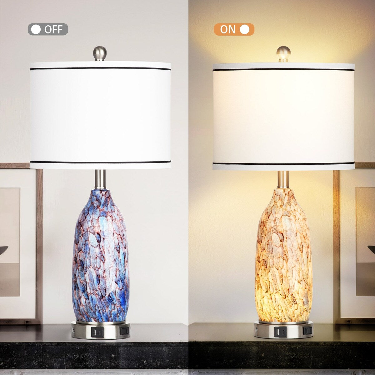 Lampe de table 2 en 1 avec veilleuse en verre indigo, ports de charge, prise secteur, abat-jour tambour, interrupteur tactile à intensité variable (lot de 2)