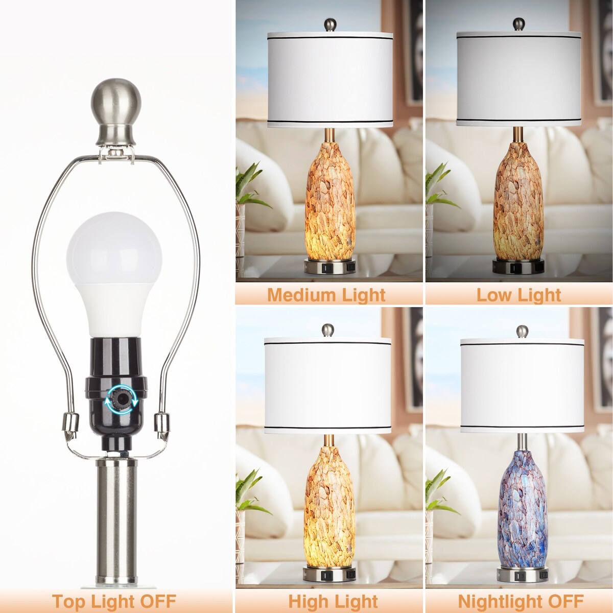 Lampe de table 2 en 1 avec veilleuse en verre indigo, ports de charge, prise secteur, abat-jour tambour, interrupteur tactile à intensité variable (lot de 2)