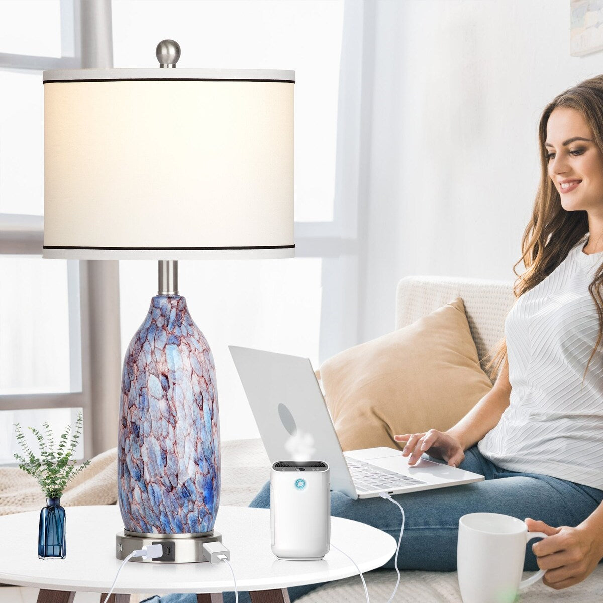 Lampe de table 2 en 1 avec veilleuse en verre indigo, ports de charge, prise secteur, abat-jour tambour, interrupteur tactile à intensité variable (lot de 2)