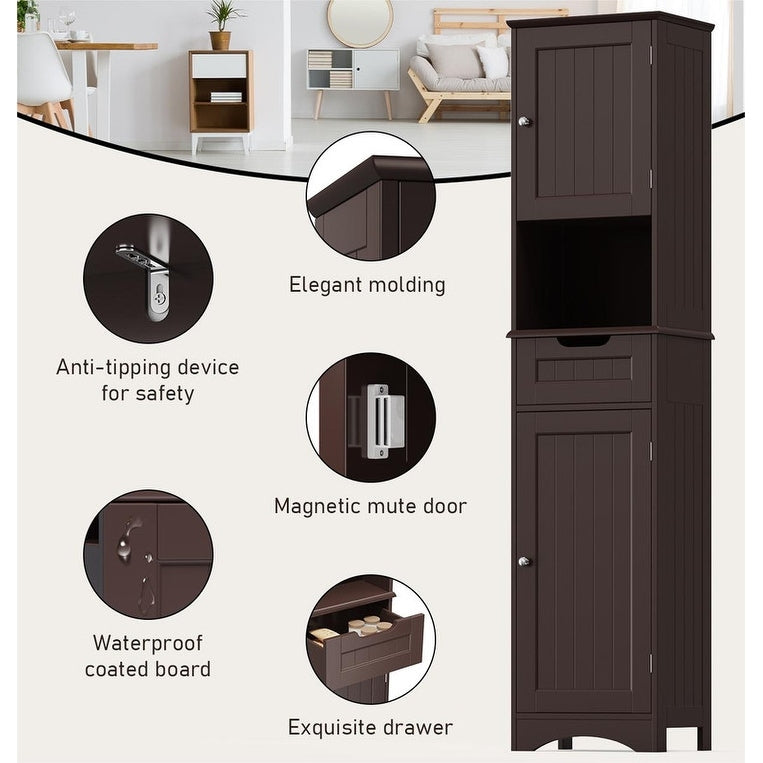 Armoire à linge étroite de salle de bain de 67 po de hauteur, meuble de rangement autoportant en bois massif à 5 niveaux