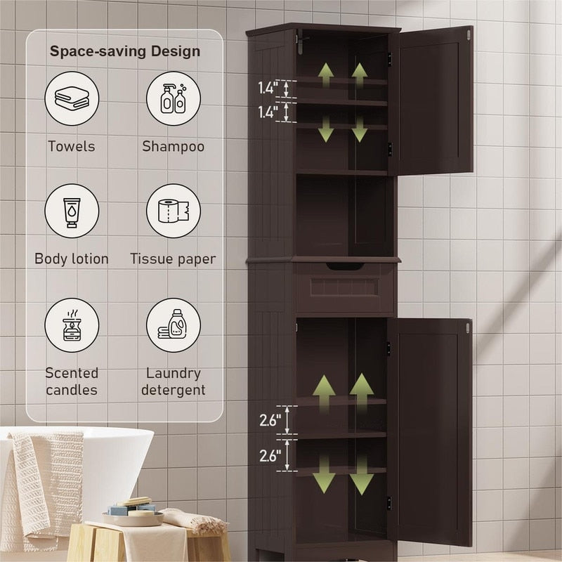 Armoire à linge étroite de salle de bain de 67 po de hauteur, meuble de rangement autoportant en bois massif à 5 niveaux