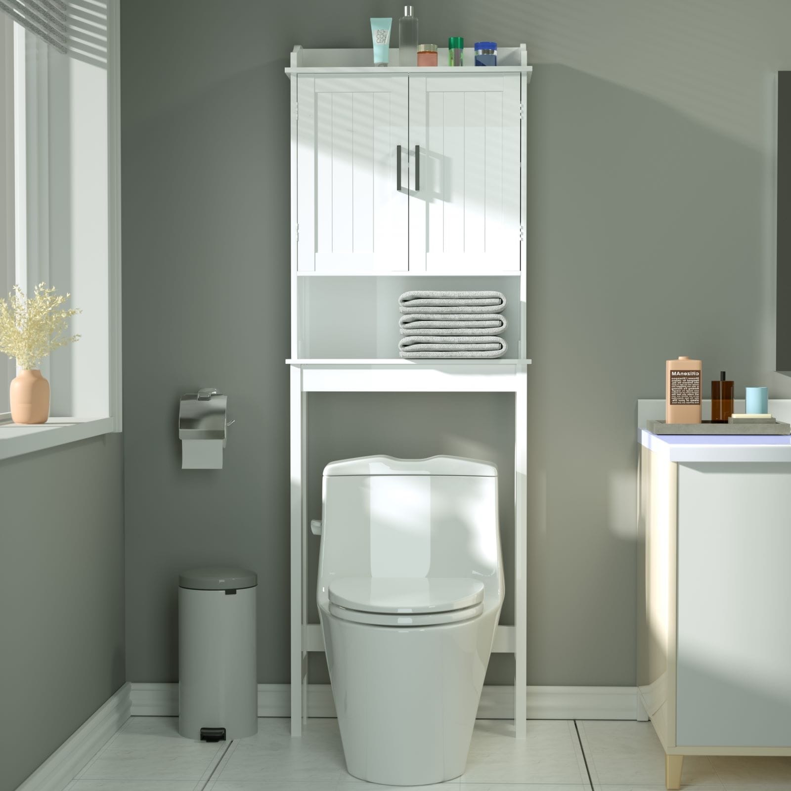 VEIKOUS Bamboo Over The Toilet Storage Cabinet Cupboard Bathroom Organizer with Adjustable Shelf and Double Doors