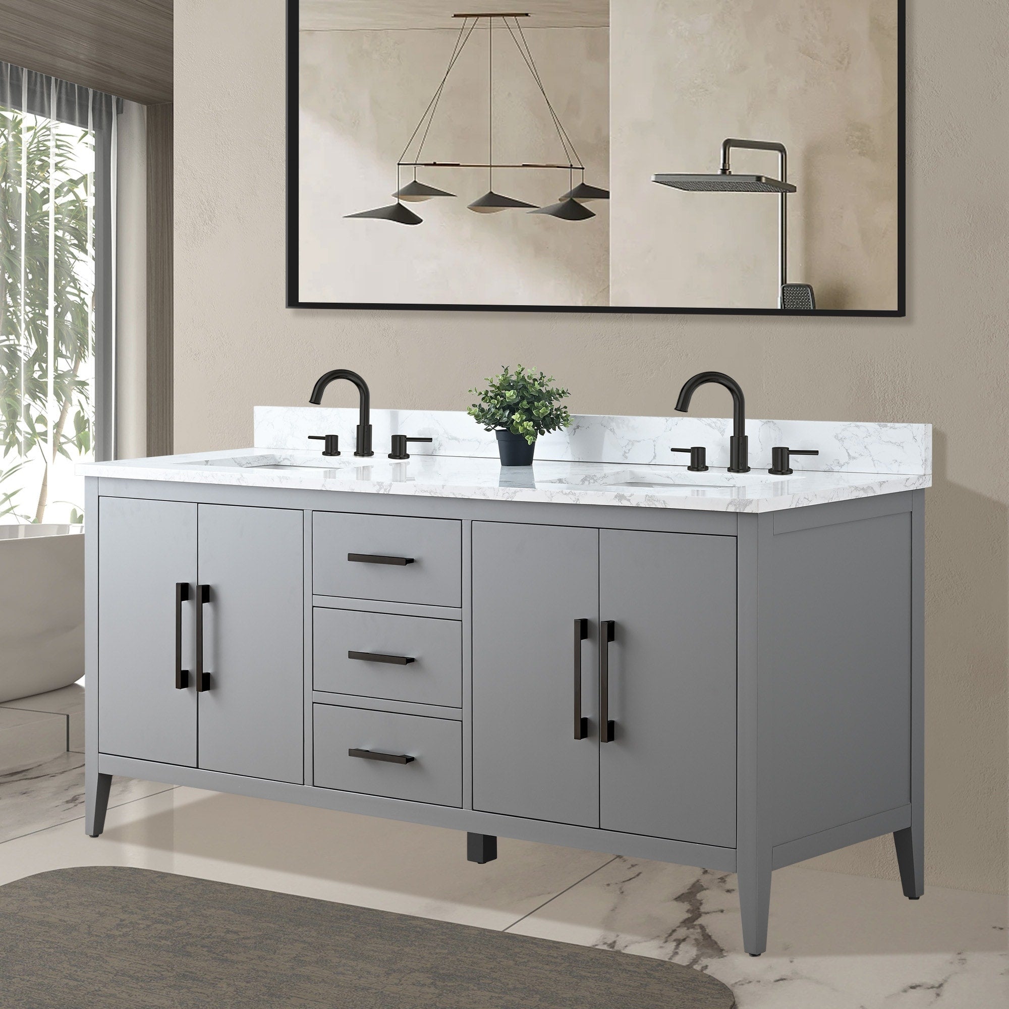 Meuble-lavabo double vasque Vanity Art 72 avec plateau en marbre reconstitué