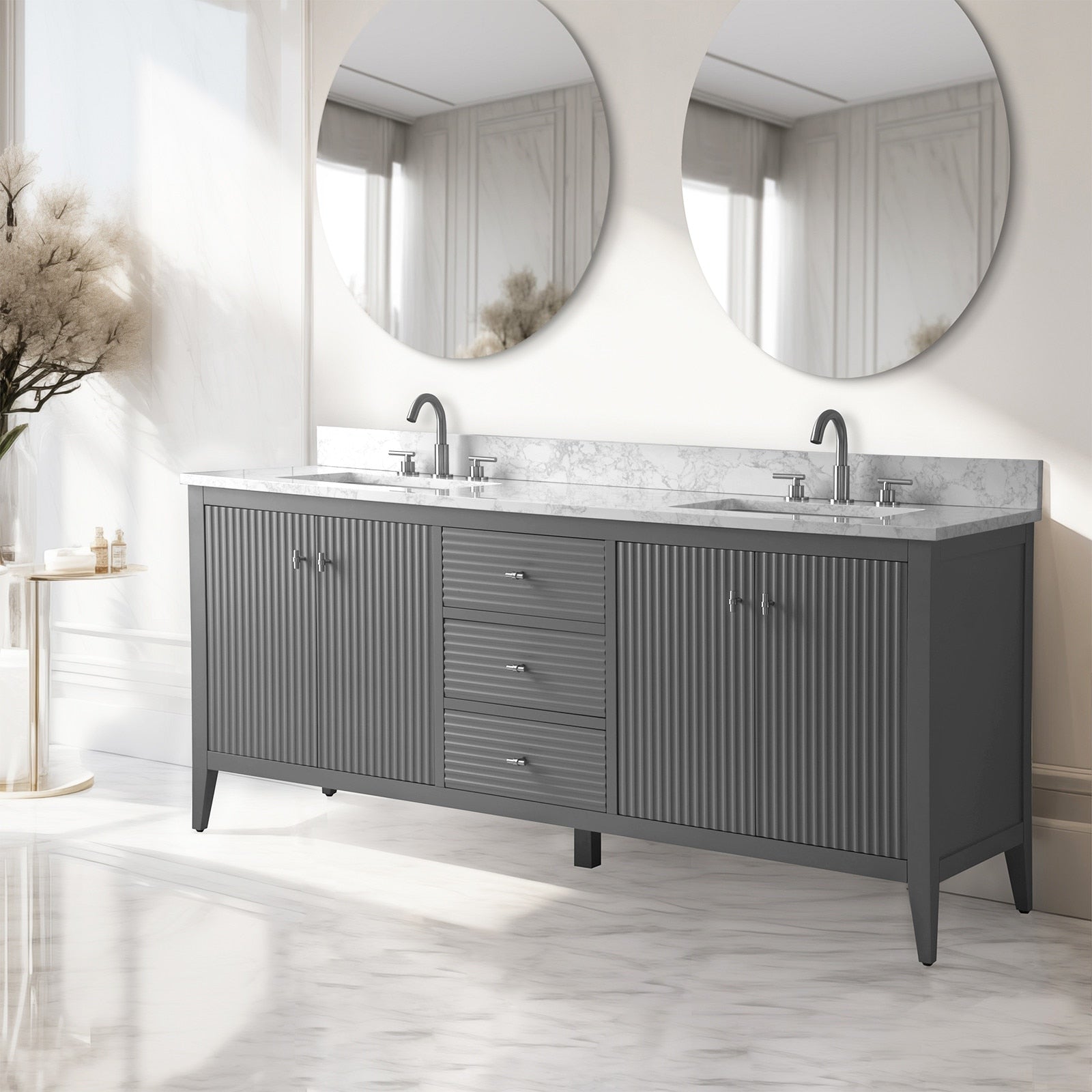 Meuble-lavabo double vasque Vanity Art 72 avec plateau en marbre reconstitué