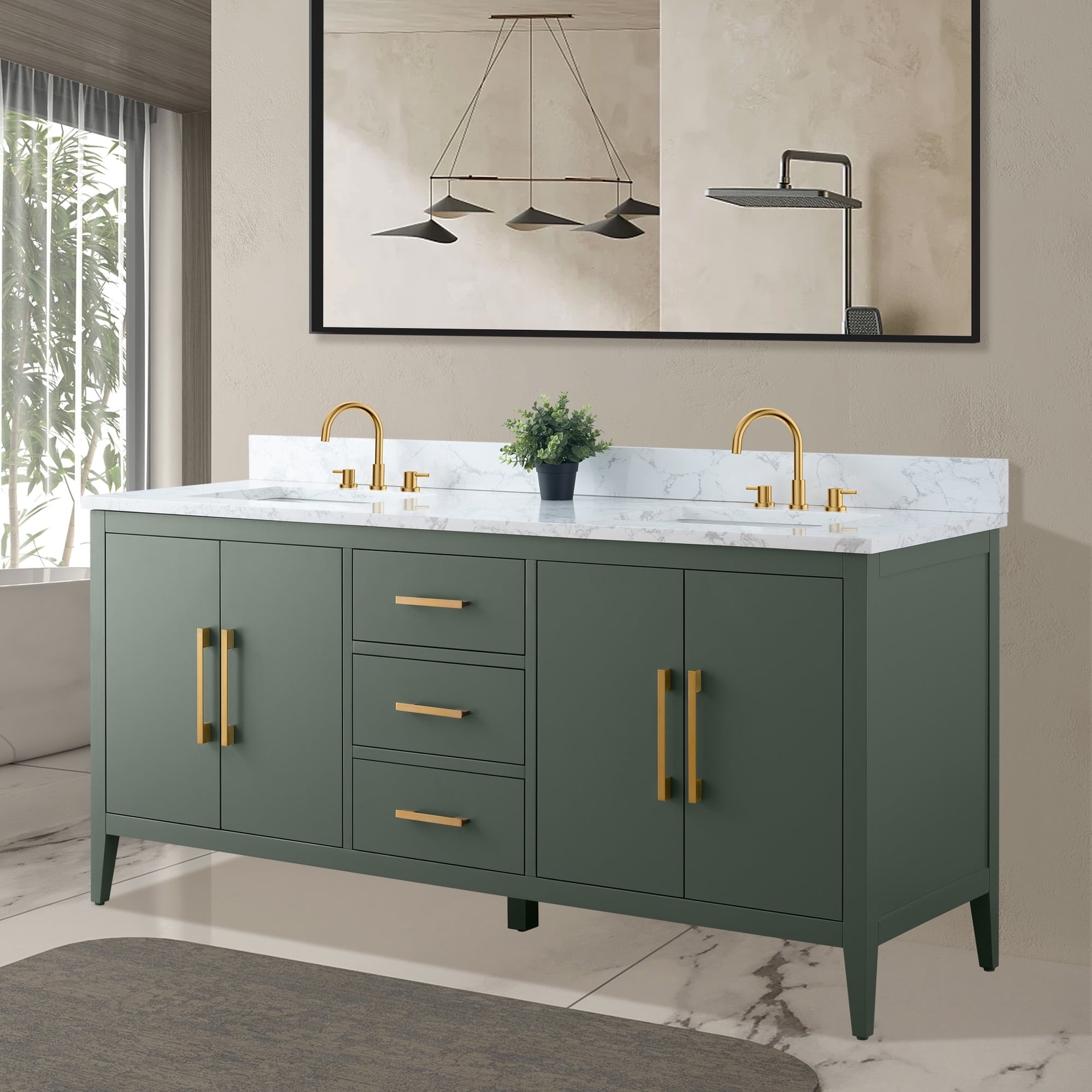 Meuble-lavabo double vasque Vanity Art 72 avec plateau en marbre reconstitué