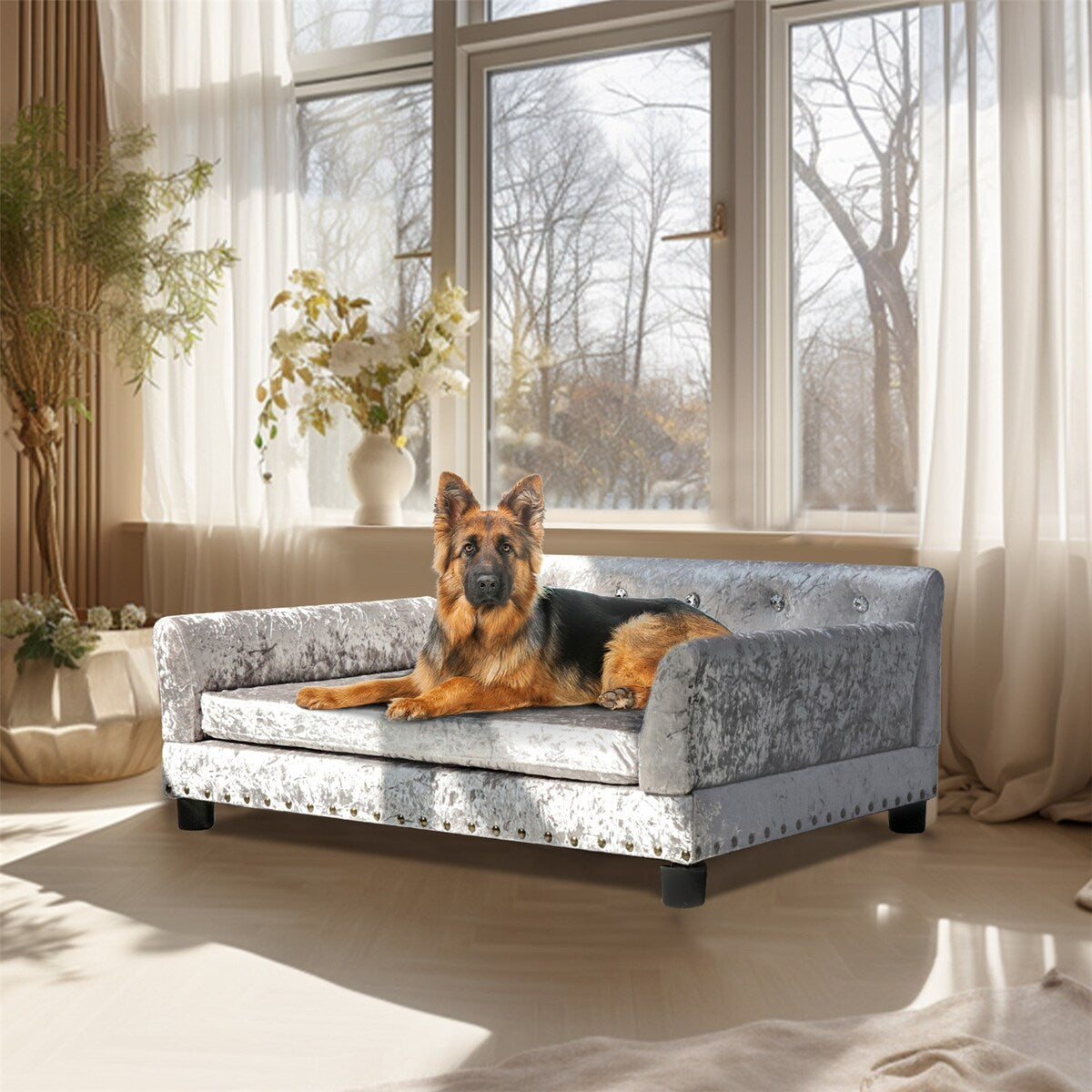 Lit pour animal de compagnie en velours capitonné avec coussin amovible