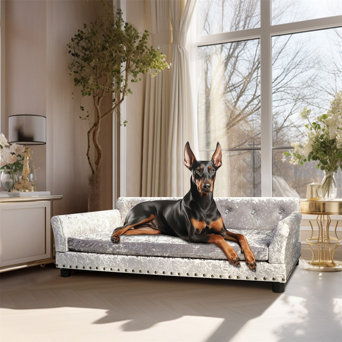 Lit pour animal de compagnie en velours capitonné avec coussin amovible