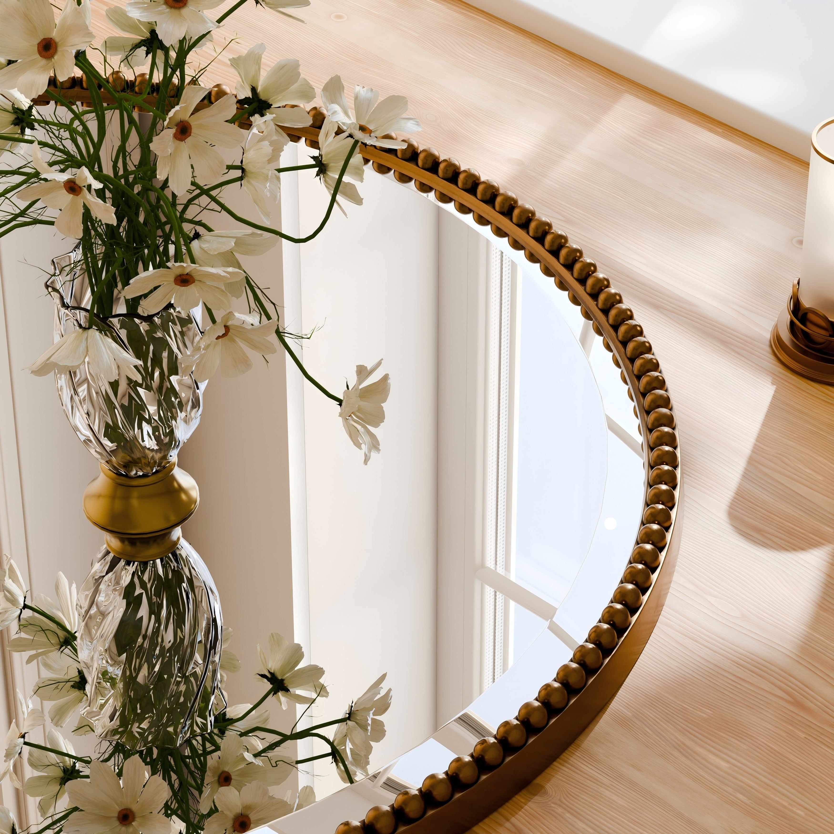 Vintage Round Bathroom Mirror with Beaded Frame