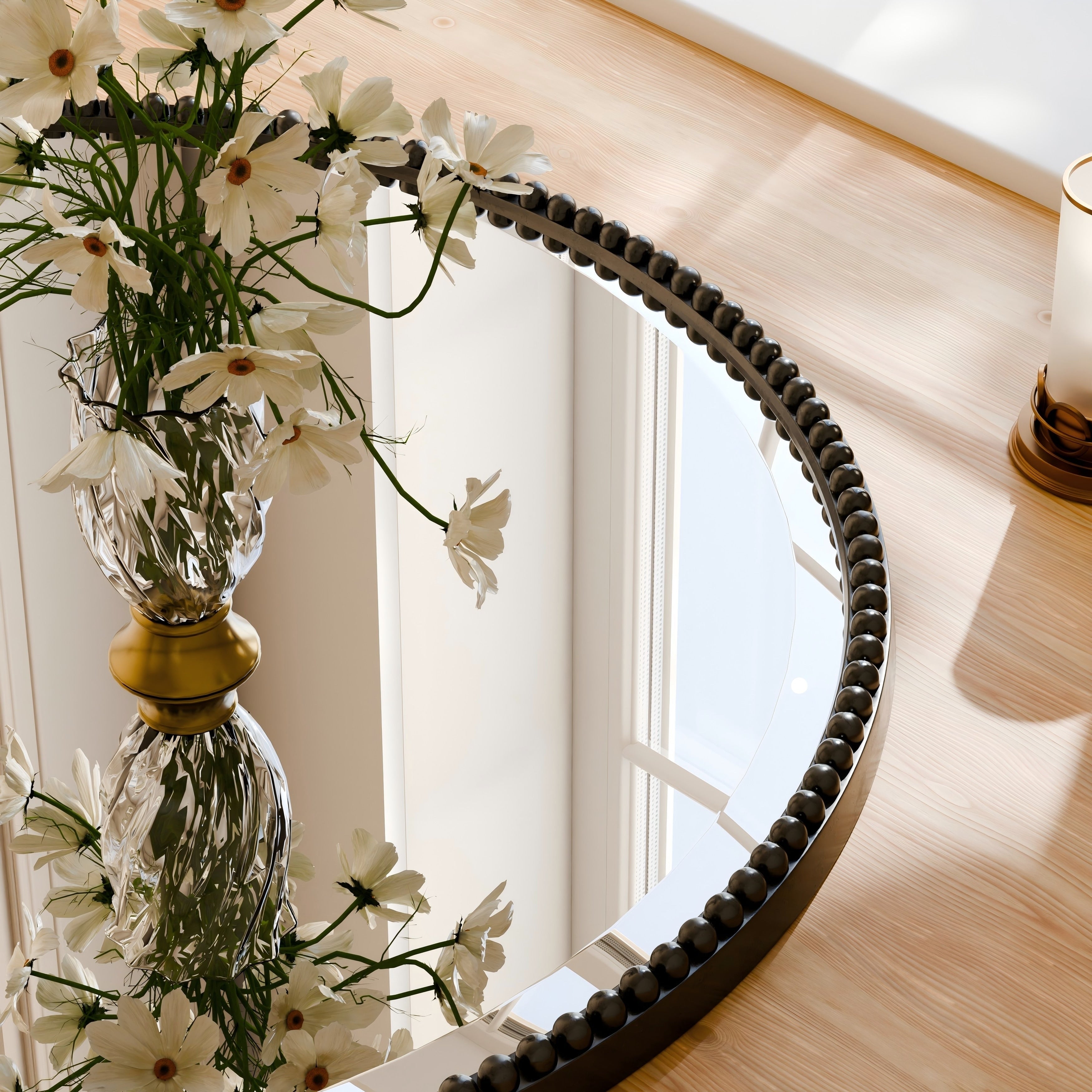 Vintage Round Bathroom Mirror with Beaded Frame