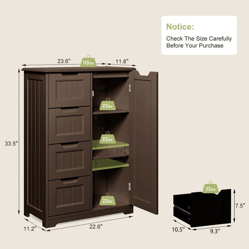 Meuble de rangement de salle de bain, meuble de rangement sur pied indépendant avec 4 tiroirs et étagère réglable
