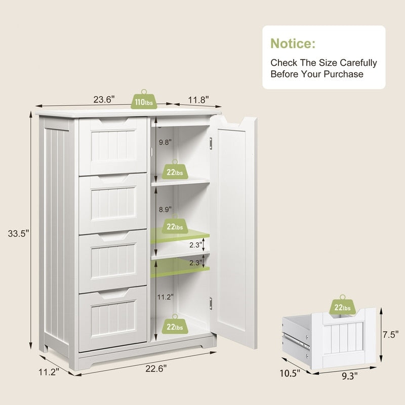 Meuble de rangement de salle de bain, meuble de rangement sur pied indépendant avec 4 tiroirs et étagère réglable