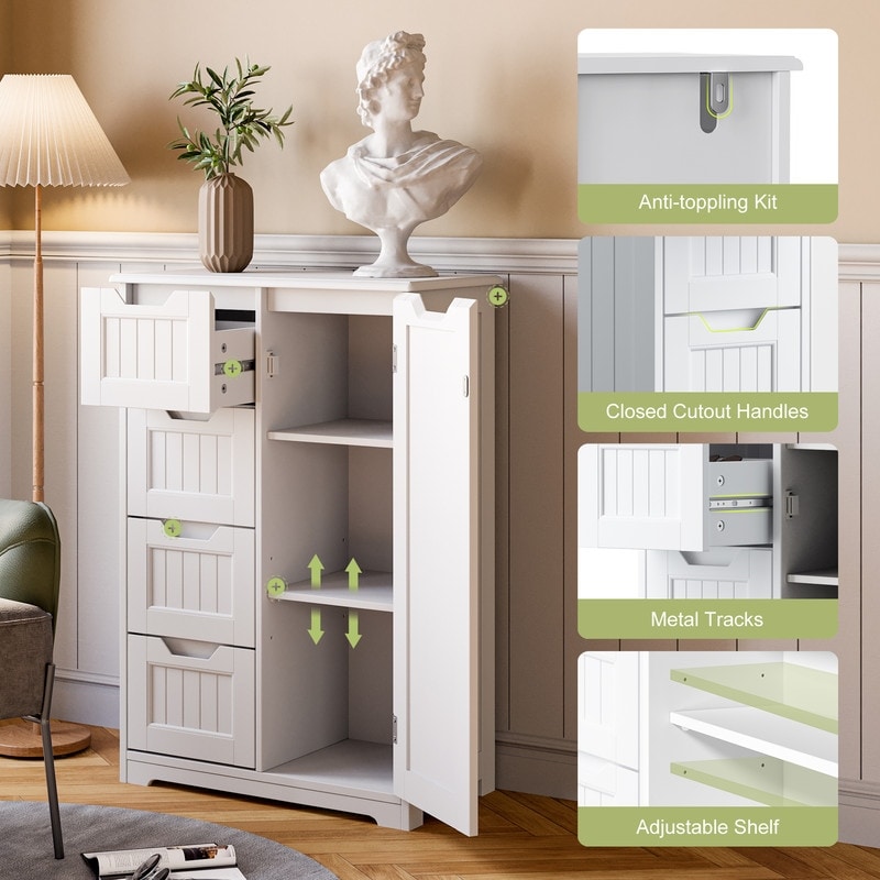 Meuble de rangement de salle de bain, meuble de rangement sur pied indépendant avec 4 tiroirs et étagère réglable