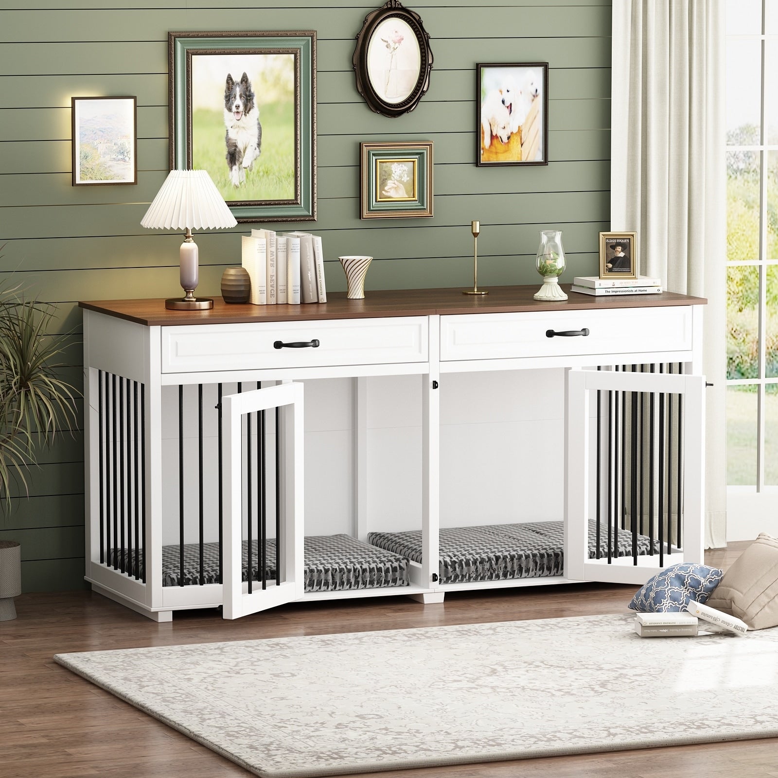 Cage double en bois pour chien avec 2 tiroirs et séparateur