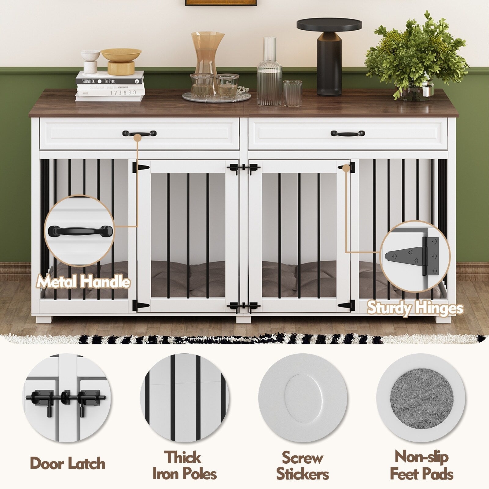 Cage double en bois pour chien avec 2 tiroirs et séparateur