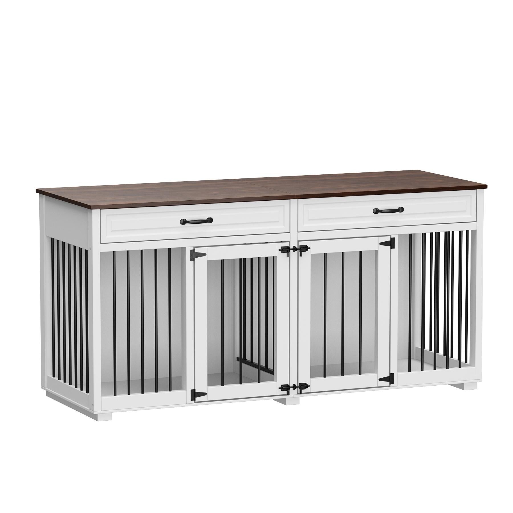 Cage double en bois pour chien avec 2 tiroirs et séparateur